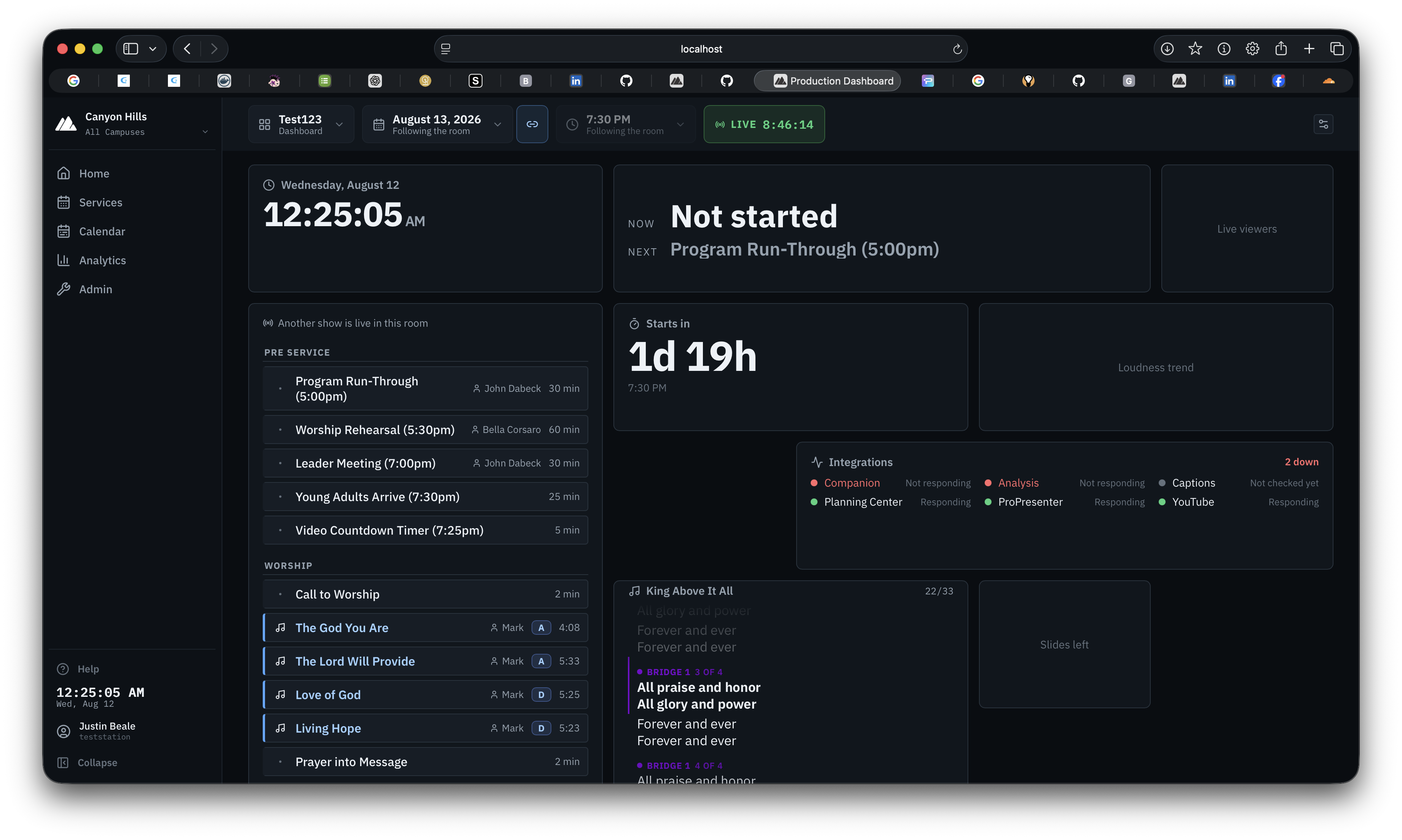 ProdMesh Hub live production dashboard showing a service schedule, integrations, and room status